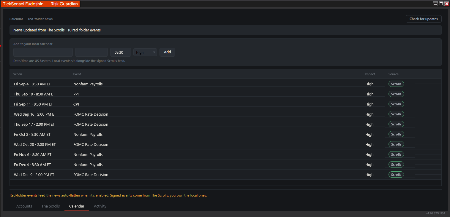 The Calendar tab, showing red-folder economic events from the signed Scrolls feed plus a form to add local events
