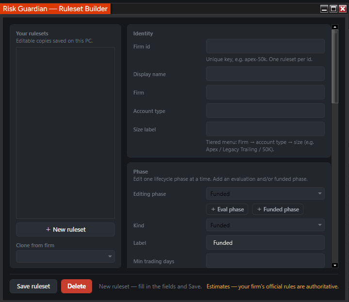 The Ruleset Builder, with identity fields on the left and per-phase configuration on the right