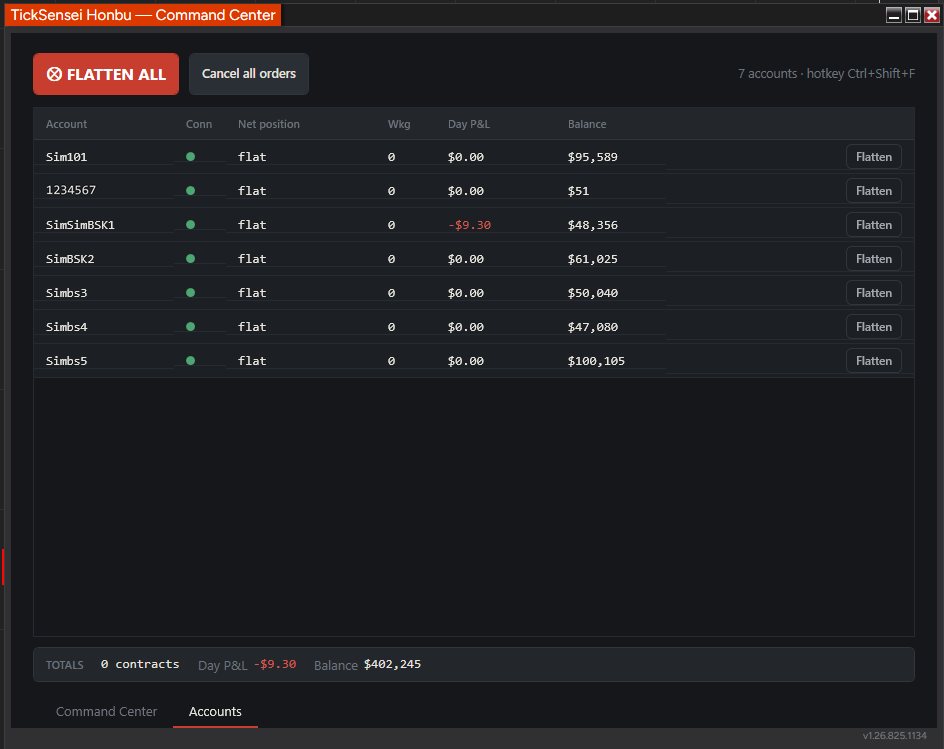 The Honbu Accounts tab, a table of accounts with connection, net position, working orders, day P&L, balance and a per-row Flatten button