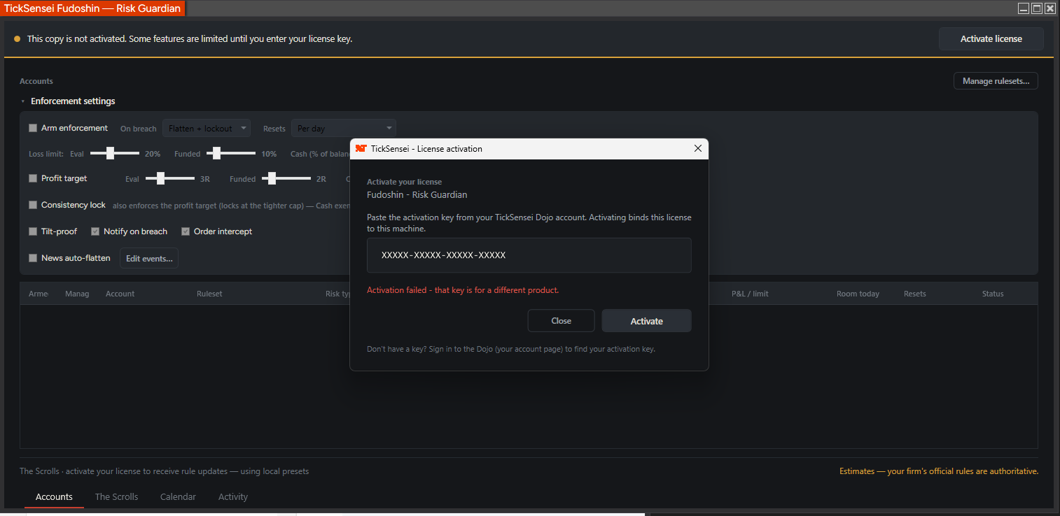 The license activation dialog, showing a key that was rejected because it belongs to a different product