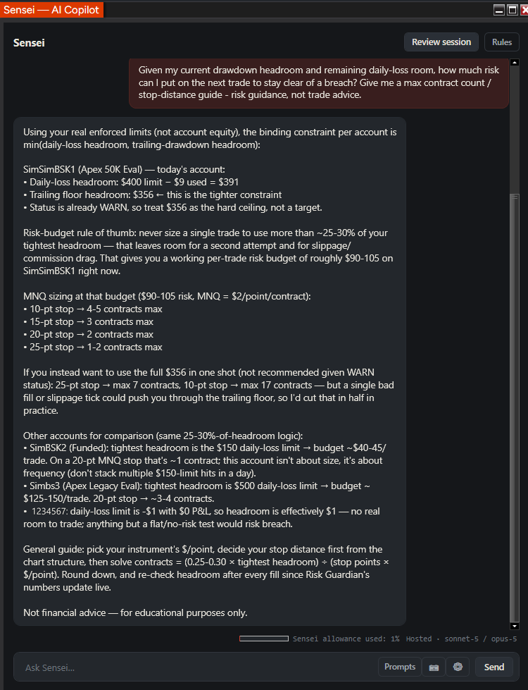 Sensei answering a position-sizing question using real per-account drawdown and daily-loss headroom